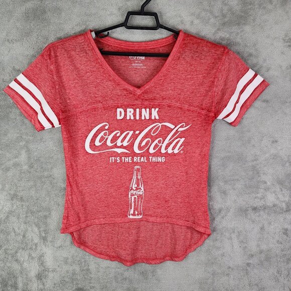 Junior's Red Coca-Cola V-Neck Sheer Shirt Hi Lo V Neck Short Sleeve L (11-13) - Picture 2 of 12